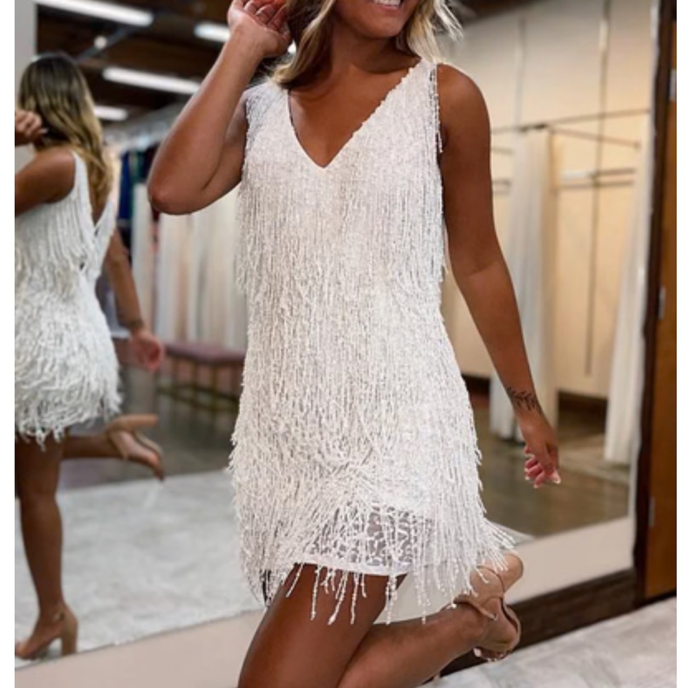 Pretty White V-Neck Cross Back Mini Dress With Tassels / Fringe